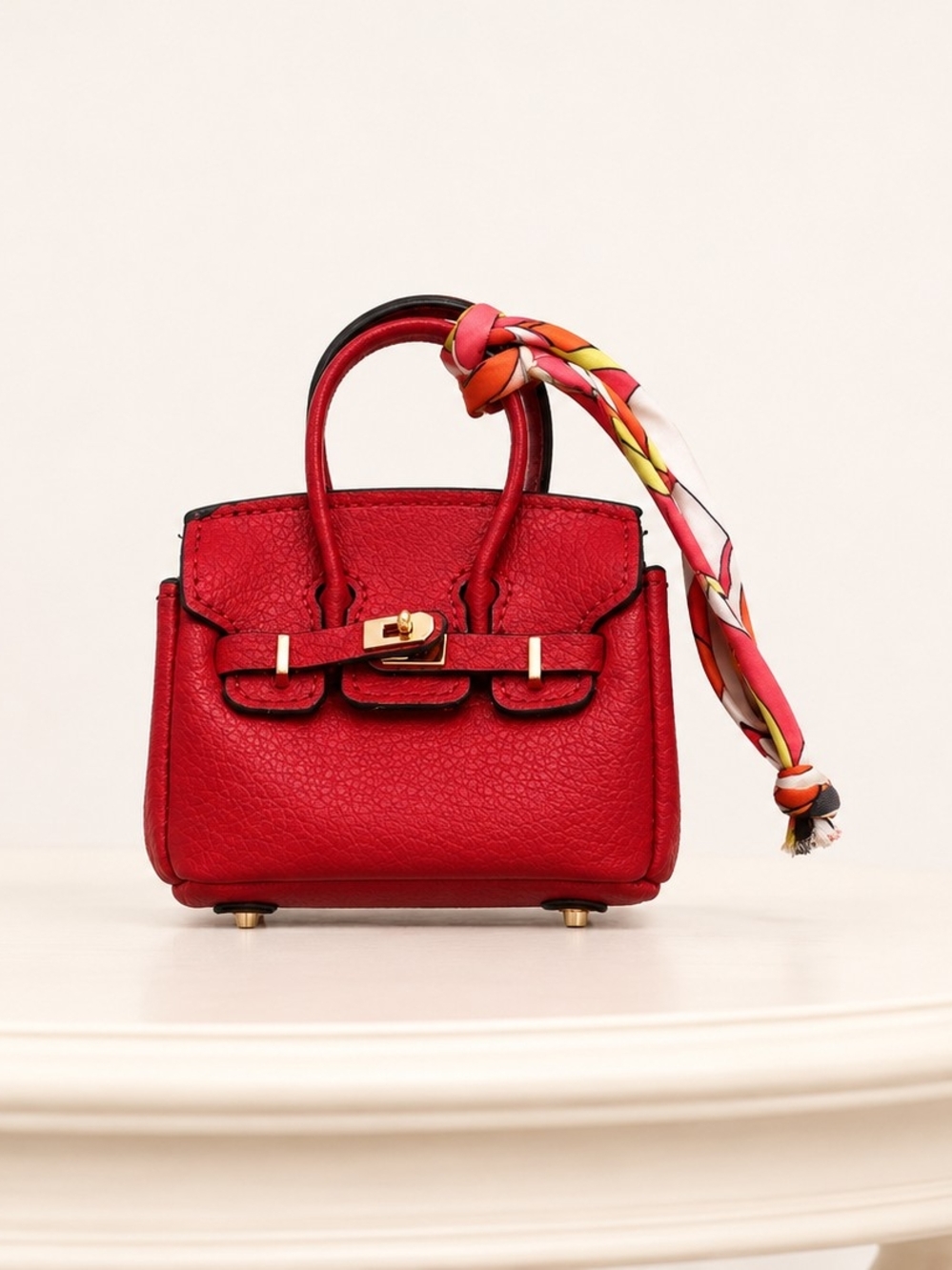 Luxury Red Leather Top-Handle Mini Bag with Scarf Accent Charm